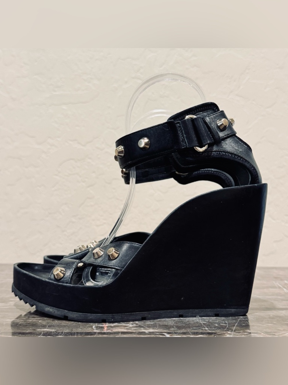 Balenciaga Black Leather Studded Wedge Sandals - Picture 3 of 16